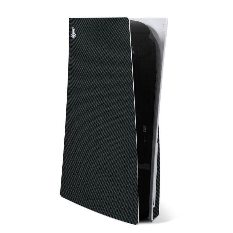 PS5 console skin with dark carbon-fiber textured finish and PlayStation logo