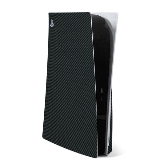 PS5 console skin with dark carbon-fiber textured finish and PlayStation logo