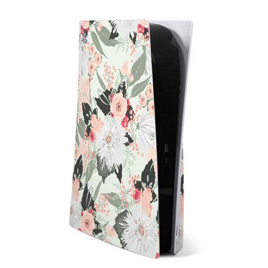 PlayStation 5 console skin with cream floral and green cactus pattern