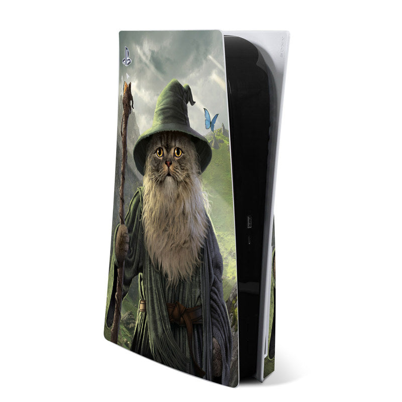 PS5 console skin with wizard cat design, illustrated on protective cover