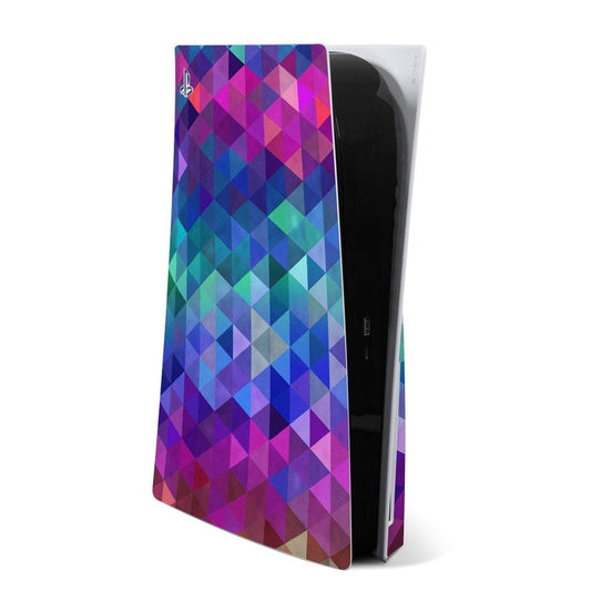 Sony PS5 skin with multicolor geometric diamond pattern, purple blue teal and green.