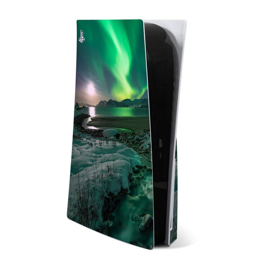 Sony PS5 console skin with green aurora landscape design