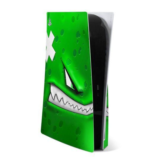 PS5 console skin in bright green with graphic monster face and teeth