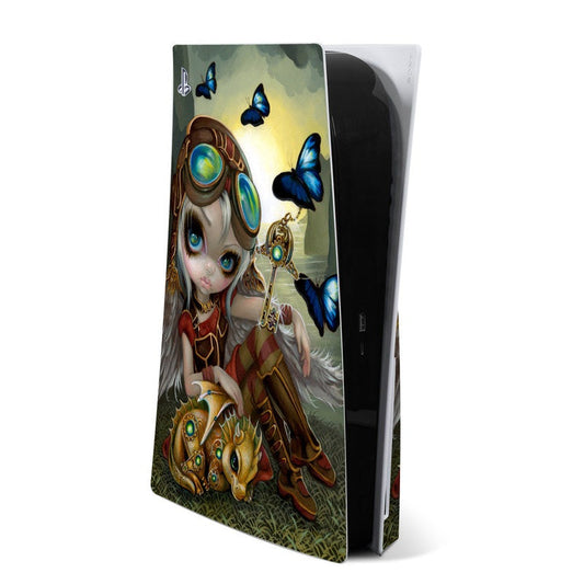 PlayStation 5 skin featuring clockwork dragonling girl and blue butterflies