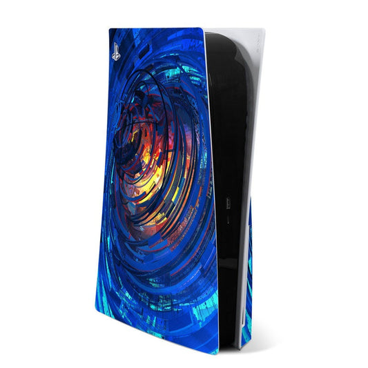 Sony PS5 skin with blue spiral abstract artwork covering console panels