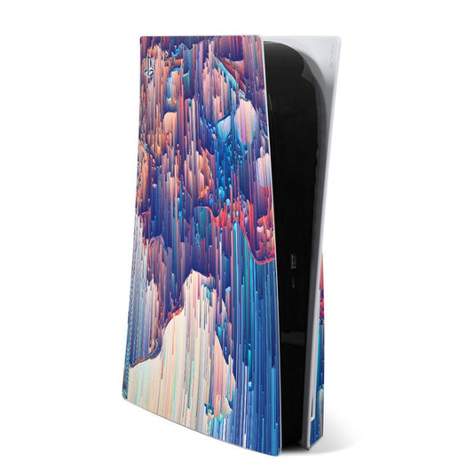 PlayStation 5 skin with colorful cloud glitch pattern in blue, purple, and orange