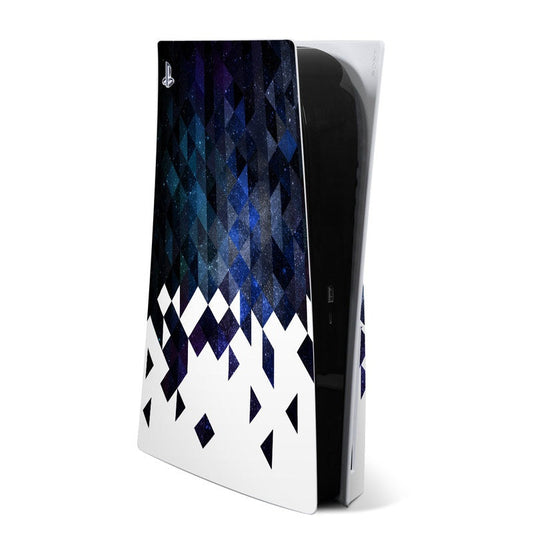 PS5 skin with blue and purple geometric pattern, white diamond accents and PlayStation logo