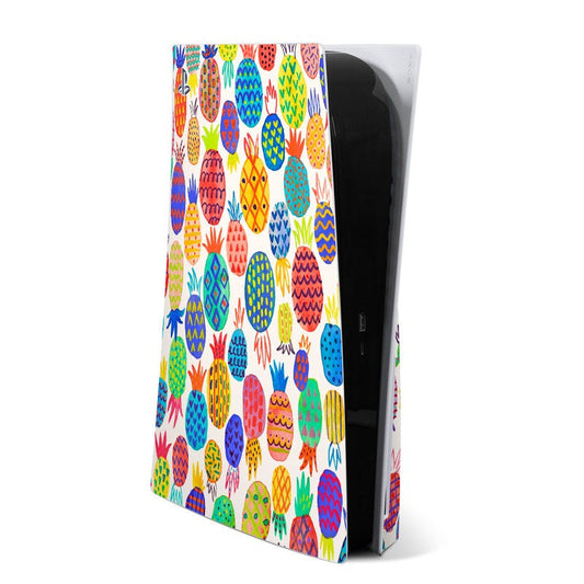 Colorful pineapple print PS5 skin, bright fruit pattern on white background