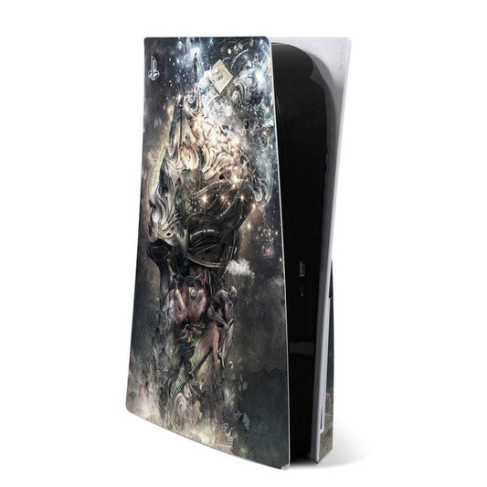 PS5 console skin with detailed fantasy warrior artwork on dark background