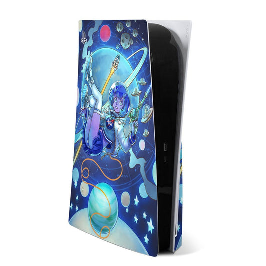 PlayStation 5 console skin with blue sci-fi character artwork