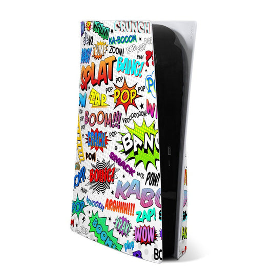 PS5 console skin with colorful comic pop-art text and starburst graphics on light background