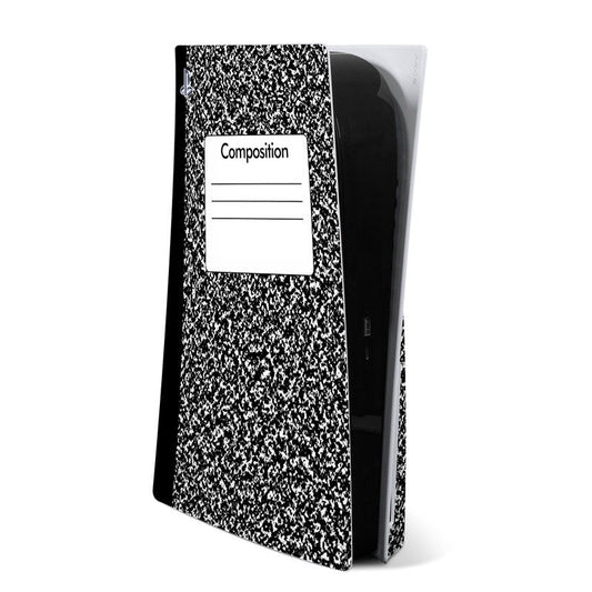 Composition notebook with black-and-white speckled cover and white 'Composition' label