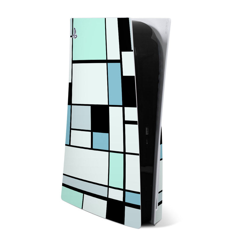 PS5 console skin with black, white, and light blue geometric block pattern