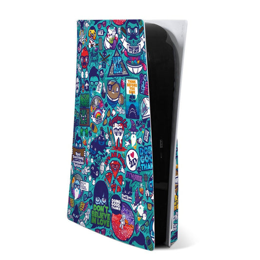 PS5 console skin with colorful comic space pattern on a dark backing