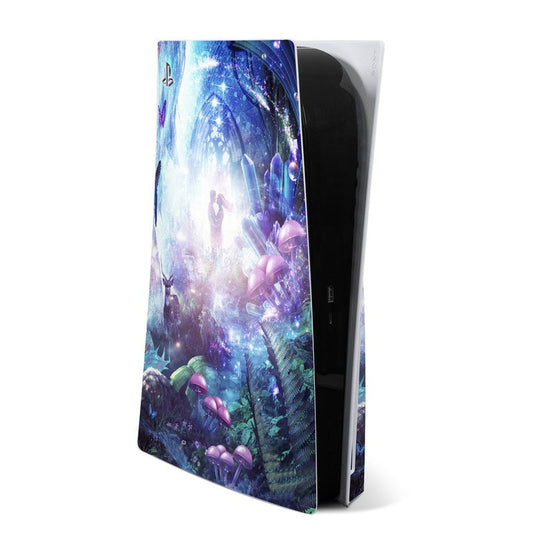 PS5 console skin with purple-blue fantasy character artwork on glossy cover