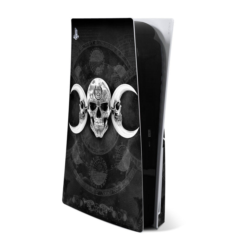 PS5 console skin with dark skull graphic and white curved horns on black background