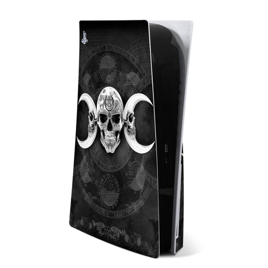 PS5 console skin with dark skull graphic and white curved horns on black background