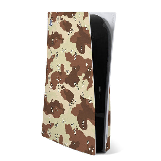Desert camo PS5 console skin, tan and brown camouflage pattern on rectangular cover