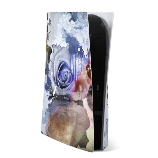 Sony PS5 skin decal with blue rose and splatter artwork for console cover