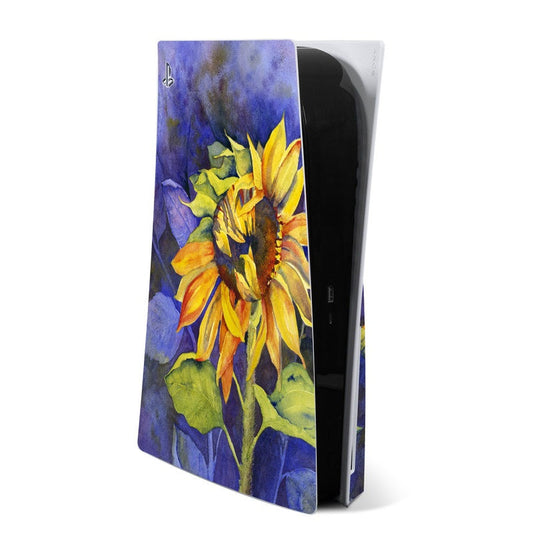 Sony PS5 skin with sunflower art on dark blue and purple background