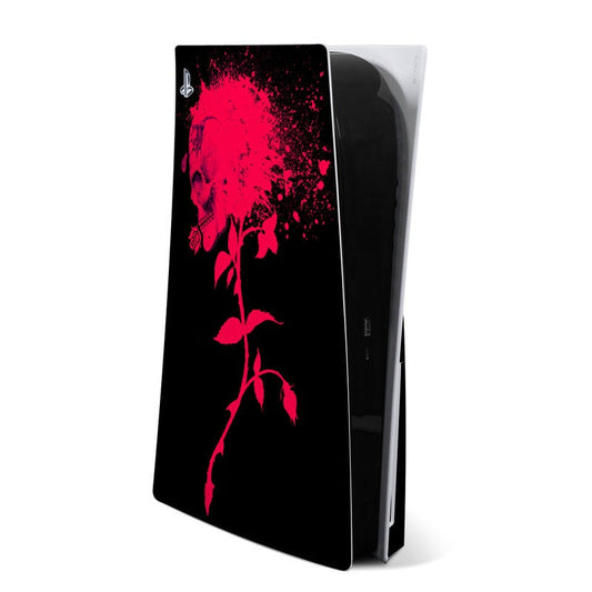 PS5 console skin with black background and bright red rose and silhouette graphic