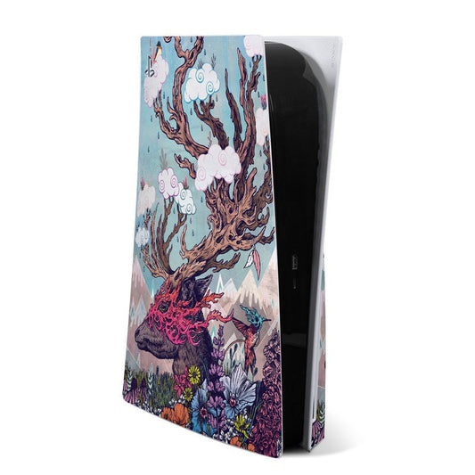 PS5 console skin with deer spirit artwork in blue, purple, and pink floral details