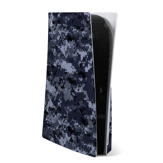 PS5 console skin with digital navy camo pattern, wrap-ready with cutouts