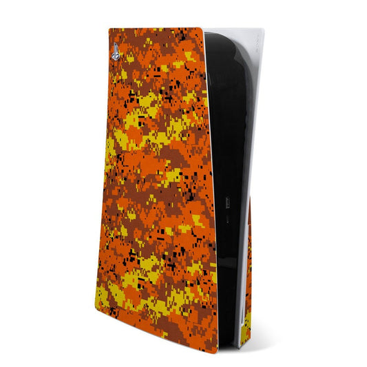 PS5 console skin with digital orange and yellow camouflage pattern, flat orange backing