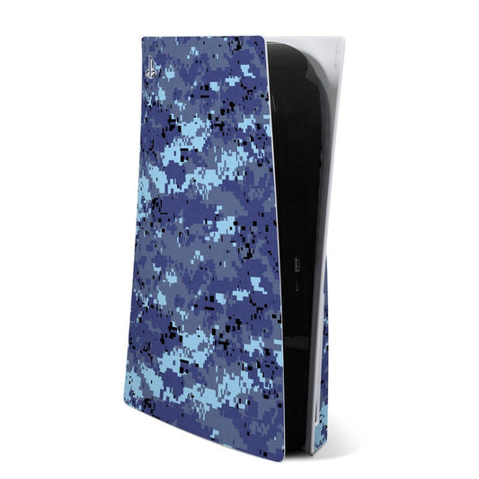 PlayStation PS5 console skin, blue digital sky camo pattern with side panel coverage