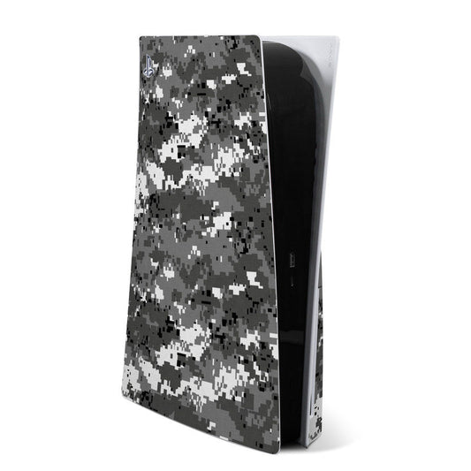 PS5 skin in digital urban camouflage pattern, shown on console front