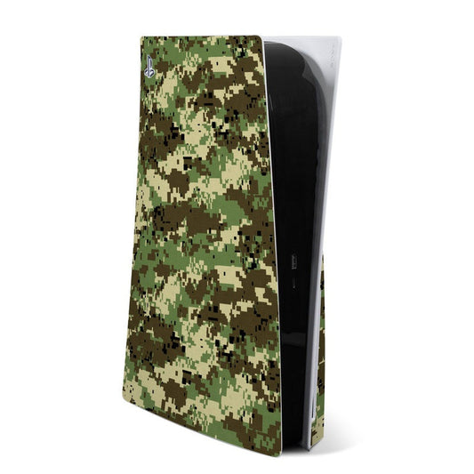 PlayStation 5 console skin with digital woodland camo pattern