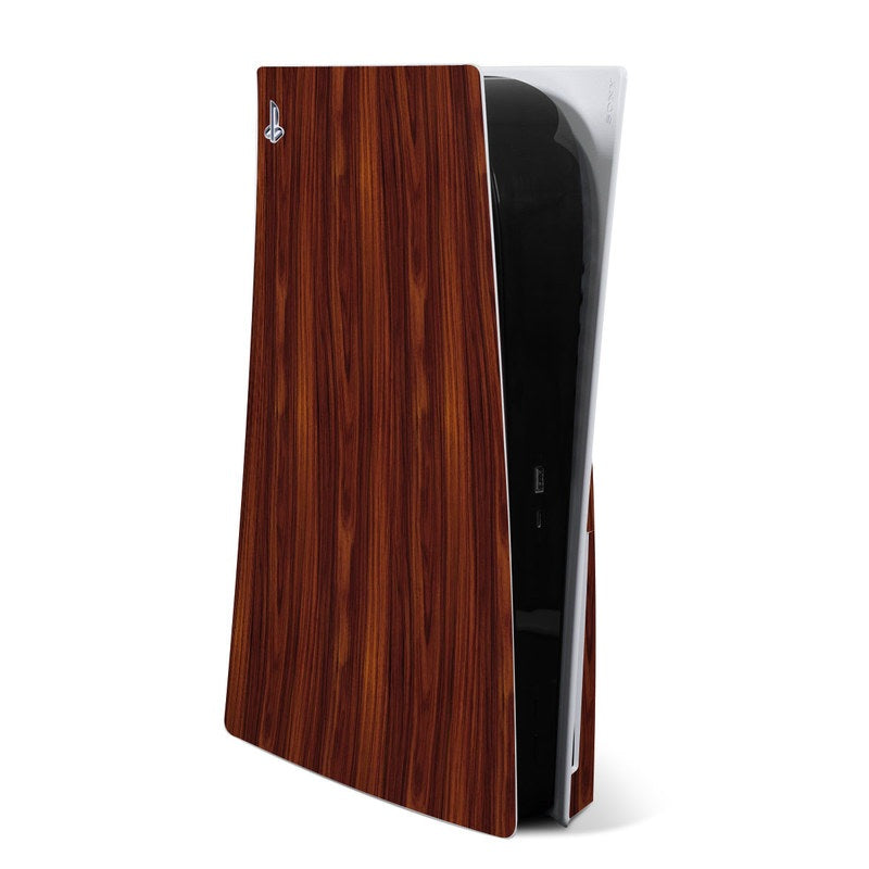 Dark rosewood PS5 console skin with vertical wood-grain pattern, fitted side cover