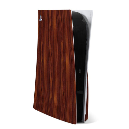 Dark rosewood PS5 console skin with vertical wood-grain pattern, fitted side cover
