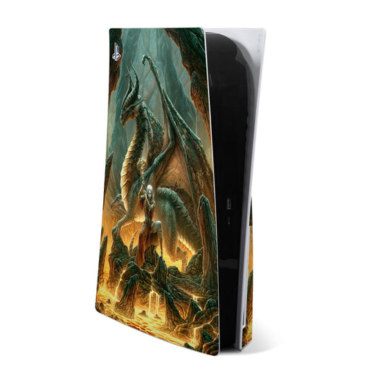 PS5 console skin with green and gold dragon mage artwork, side and front coverage