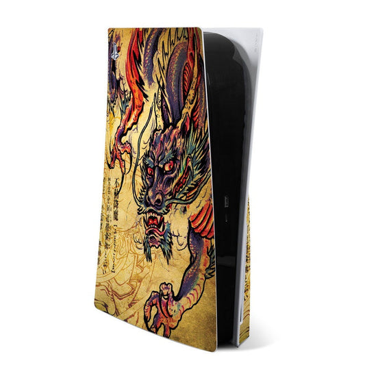PS5 console skin with colorful dragon artwork on gold background.
