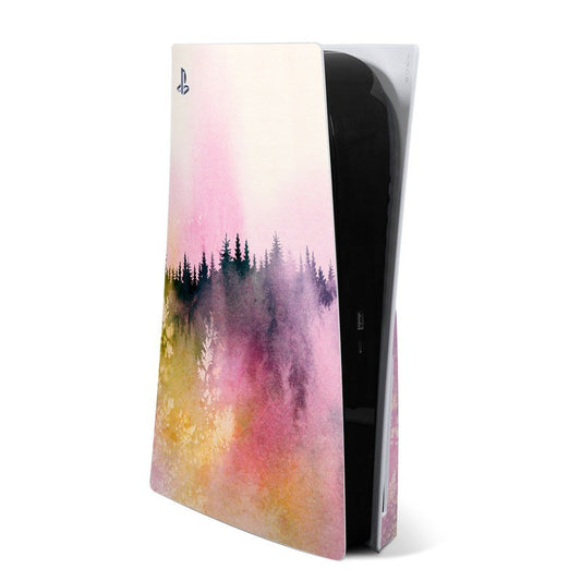 PS5 console skin with pastel sunset forest graphic and gradient colors, side cutout visible