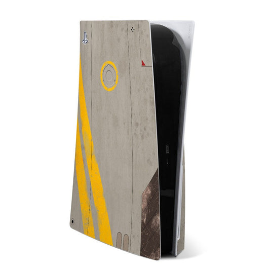 PlayStation 5 console skin with gray concrete texture and yellow diagonal stripe