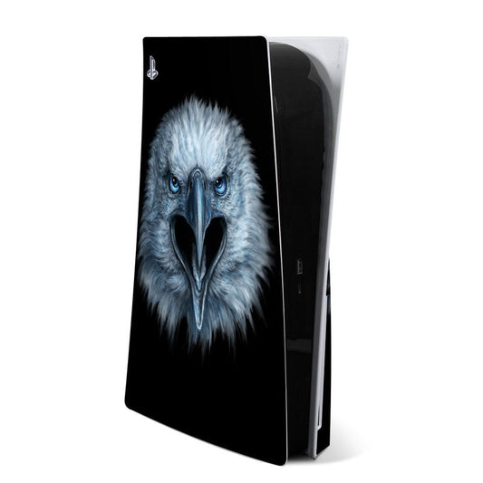 PlayStation 5 skin with blue eagle face graphic on black background