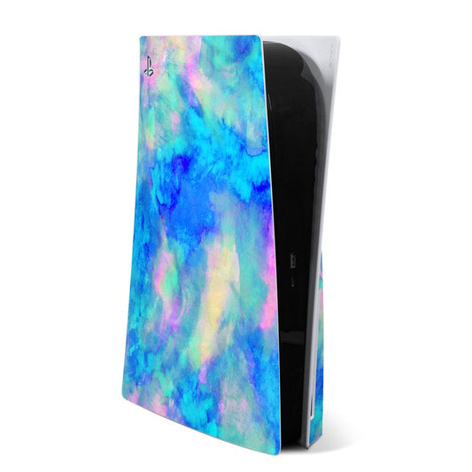 PS5 console skin with ice blue abstract watercolor design