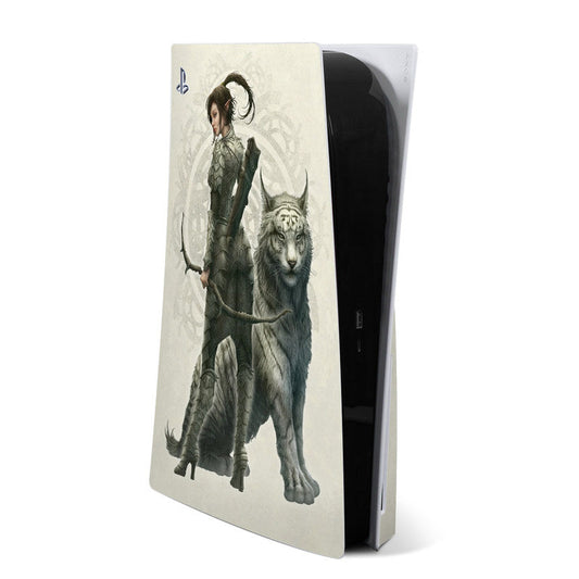 PS5 skin with half-elf girl and gray wolf graphic on light background
