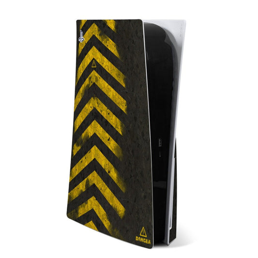 EVAC PS5 skin with black and yellow hazard chevron pattern
