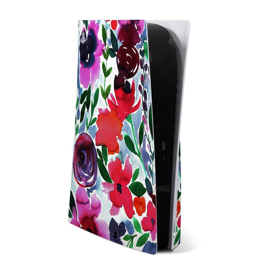 Colorful floral PS5 console skin with multicolor flowers on light background