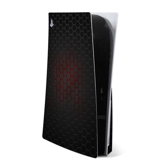 PlayStation 5 console skin with black hexagon pattern and red accents