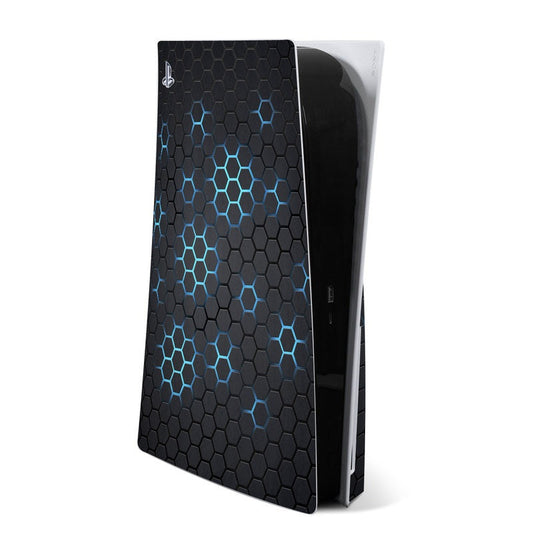 EXO Neptune PS5 console skin with dark hex pattern and blue glowing lines