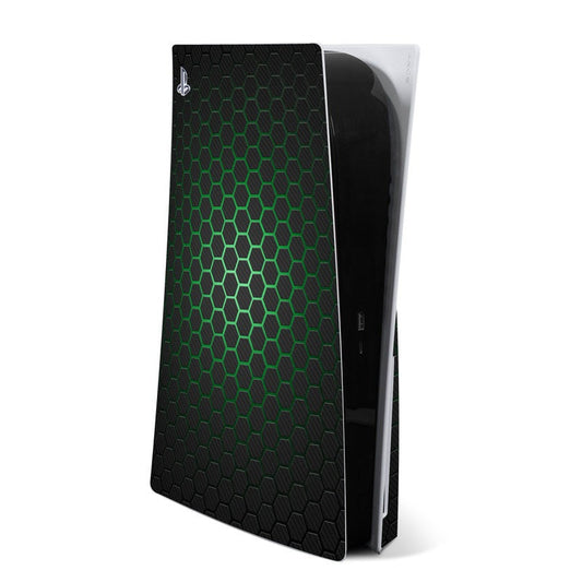 PlayStation 5 skin with black and green hexagon pattern