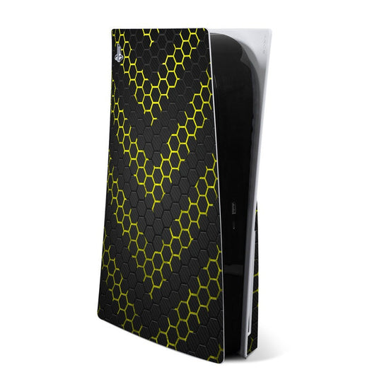 Sony PS5 skin decal with black and neon yellow honeycomb pattern