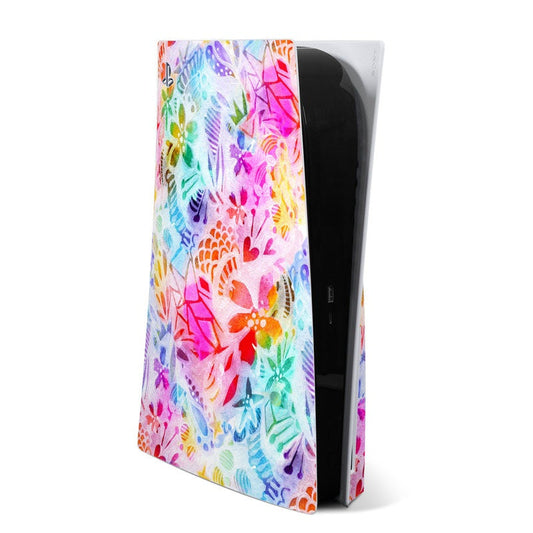 PS5 console skin with colorful fantasy patterns on the side panel