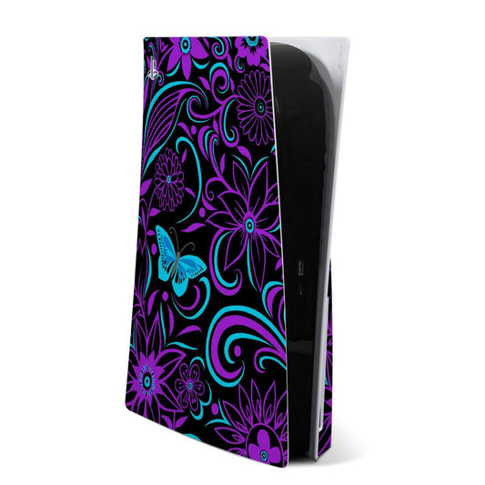 PS5 console skin with purple floral and butterfly pattern