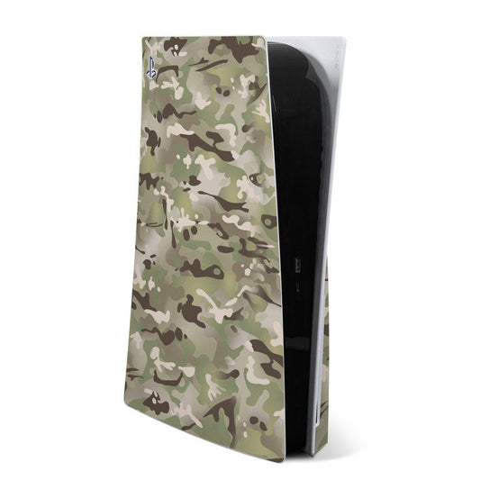 PlayStation 5 camo skin wrap with green, tan, and brown camouflage pattern