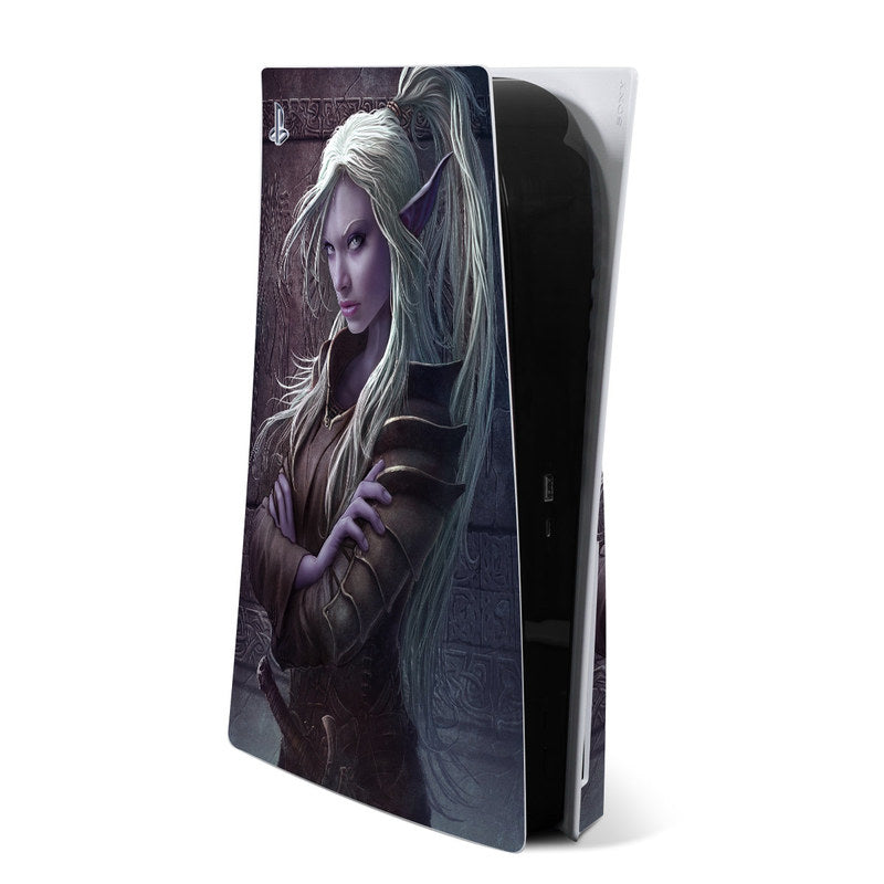 PS5 console skin with fantasy portrait of a woman and long blue-gray hair
